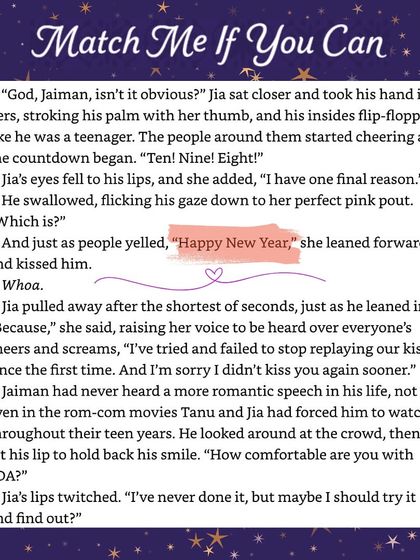 A quote from the New Year's Eve scene in *Match Me If You Can*. It's a pivotal moment for Jia and Jaiman, full of cheers, screams, and a long-awaited kiss.