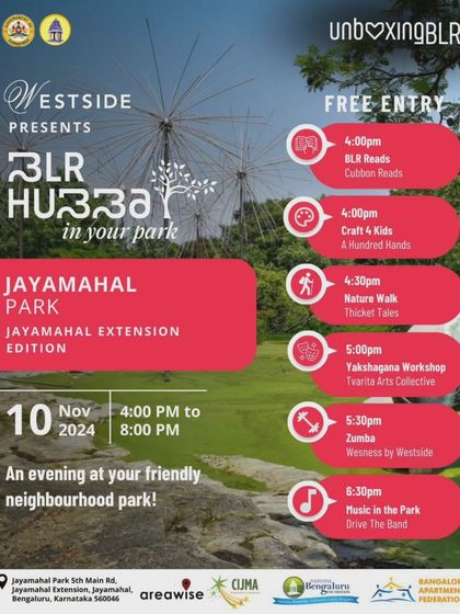 An announcement for a neighbourhood park event in Jayamahal, where we hosted a 'Craft 4 Kids' session as part of the BLR Hubba.