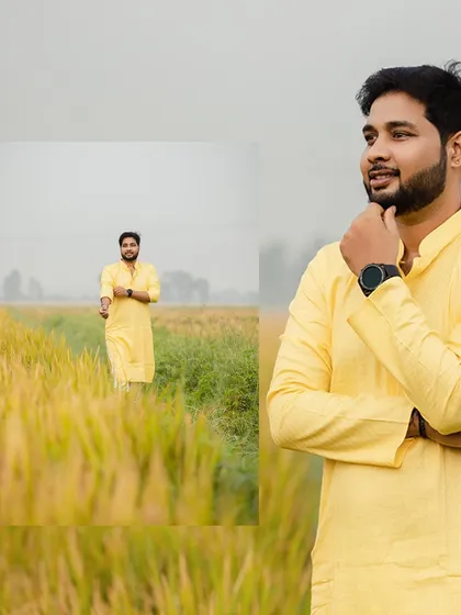 A creative double-exposure style shot of the groom in a field of gold, reflecting his thoughts on the big day.