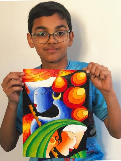 A canvas painting by a student depicting the divine love of Radha and Krishna in an abstract style. This piece is a beautiful exploration of colour, form, and emotion.