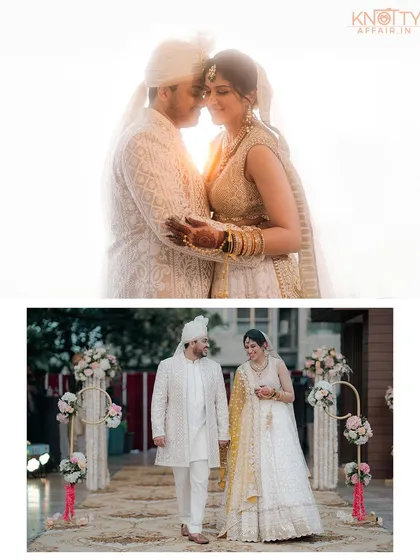 A combination of a romantic, backlit close-up and a full-length shot of the couple walking down the aisle. This pairing captures both the intimate emotion and the celebratory context of their wedding day.