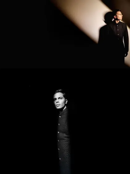 Creative use of spotlighting to craft dramatic, high-contrast groom portraits. This diptych showcases a modern, artistic approach to solo shots, focusing on form and shadow.