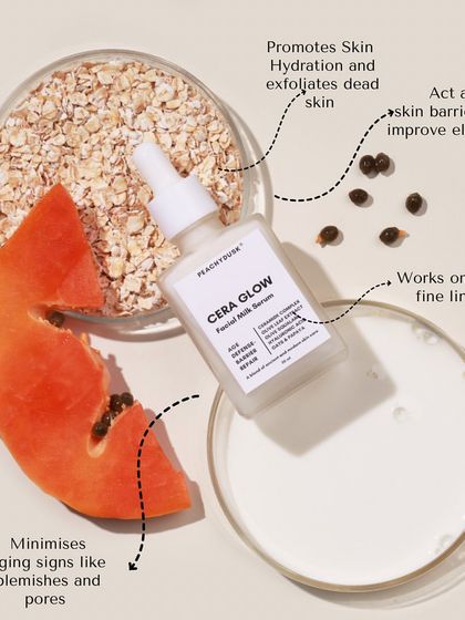 Cera Glow Facial Milk Serum is enriched with powerful ingredients. Papaya minimizes aging signs, Oats exfoliate, and the ceramide complex acts as a skin barrier to improve elasticity and reduce fine lines.