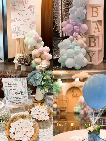 A collage showcasing the thoughtful details of a hot-air-balloon-themed baby shower. From the welcome signage and balloon installations to the guest activity table, every element was designed to create a cohesive and charming experience.