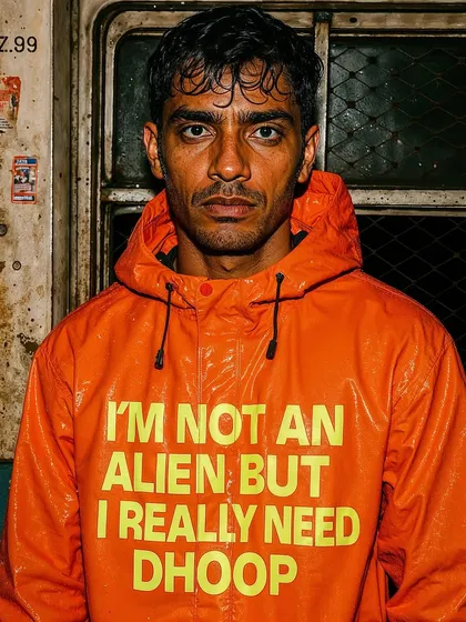 A man in an orange raincoat with the text 'I'M NOT AN ALIEN BUT I REALLY NEED DHOOP'. This is a duplicate image from the 'Rainquotes' series, showing a variation in the series.