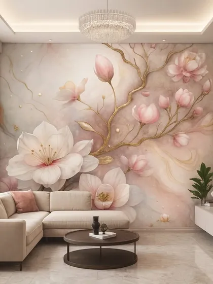 This beautiful 5D wallpaper features delicate pink cherry blossoms on a watercolor-style background, creating a soft, dreamy, and romantic accent wall.