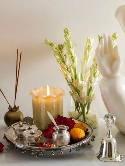 Illuminate your home and elevate traditions with my exquisite fragrances. The Zen Lotus candle adds a serene glow to this beautiful pooja thali, inviting the spirit of festivity in.