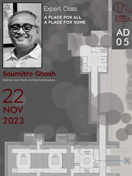 A poster for an expert class I conducted on designing public architecture in the Indian context. These forums allow for deep dives into specific architectural challenges and philosophies.