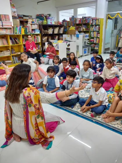 Storytelling is a conversation. Here I am, sitting with the children during our Ganpati session, listening to their thoughts and weaving them into the narrative. Their participation is what makes each session unique.