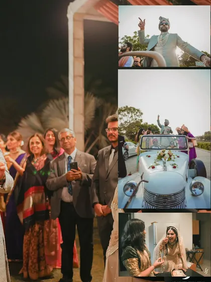 A collage showing the groom's festive baraat entrance in a vintage car and other candid wedding moments.