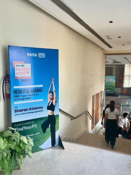 A poster for a 'Heartful Asanas' session with TATA 1mg, another wonderful collaboration to bring the benefits of yoga to more people.