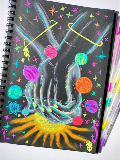 Another view of my "Soulful Universe" doodle, showing the vibrant neon colors on the black background.