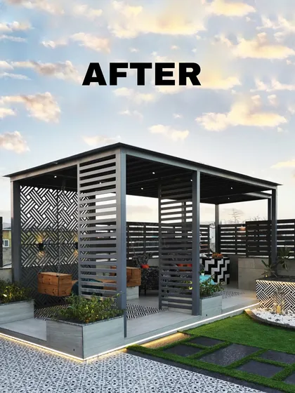 The finished pergola area, showcasing a modern design with slatted walls and patterned screens. This "after" shot highlights how we create stylish, semi-private outdoor rooms.