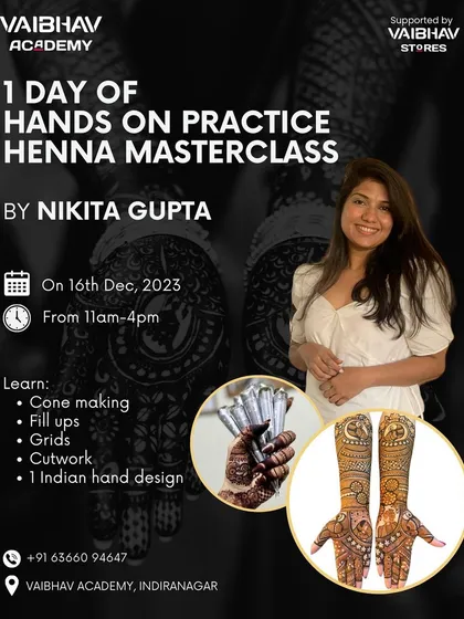 Our one-day henna masterclasses are designed to be intensive and practical. This poster shows a typical curriculum where we cover essential skills like cone making, grid work, and fillers, culminating in a full Indian hand design.