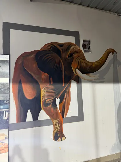 The elephant mural in progress. Here you can see the 3D form taking shape before the final colors and details are added.