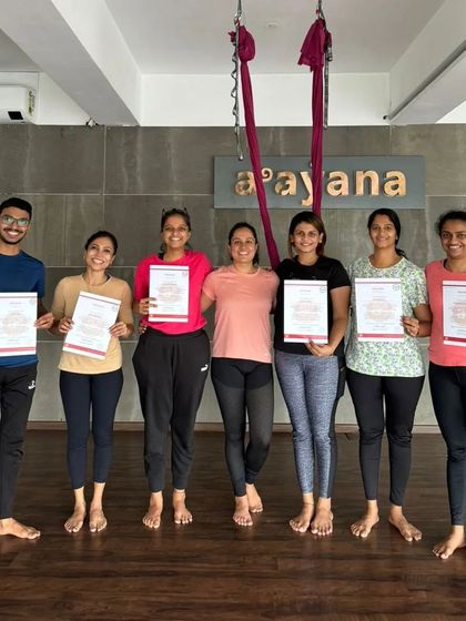 The whole group together. Congratulations to this wonderful batch of newly certified aerial yoga teachers.
