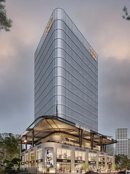 A symphony of steel and glass, Horizon Tower rises as a beacon of modern architecture. The design combines a sleek glass tower with a multi-level retail podium, creating a vibrant mixed-use development.
