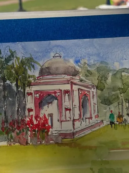 Another angle of my Sunder Nursery sketch in progress. The vibrant red flowers provided a beautiful pop of color against the historic monument.