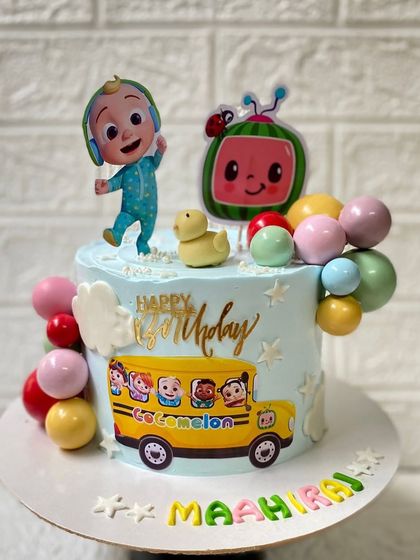 A full view of our Cocomelon cake, a favourite among toddlers.