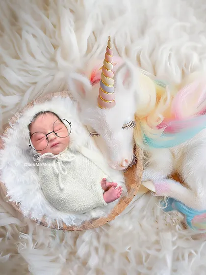 A slightly different angle of the unicorn-themed shoot, capturing a full view of the baby and their magical friend resting on a cloud of soft white fur.