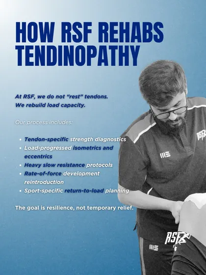 Here we show our process for rehabbing tendinopathy. We do not "rest" tendons; we rebuild load capacity. Our method includes tendon-specific strength diagnostics, load-progressed isometrics, and sport-specific return-to-load planning. The goal is resilience, not temporary relief.
