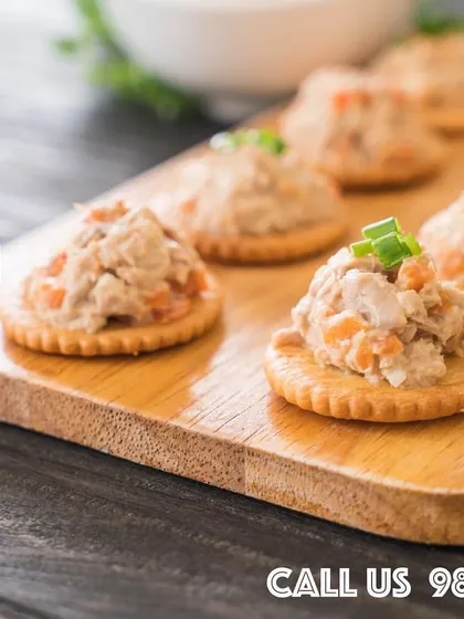 These tuna salad crackers are part of my new high-tea menu. They are a light, savoury, and delicious option perfect for afternoon events, corporate meetings, or as part of a larger appetiser spread.
