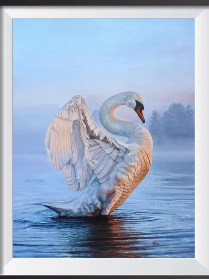 The complete 'The Swan' painting, framed and ready for sale. This 18x24 inch acrylic on canvas captures the bird in a moment of quiet grace, making it a timeless piece for any art collector.