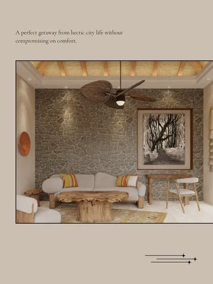 A design rendering of a living space in Dev Villas, created as a perfect getaway from hectic city life. The focus is on comfort and tranquility, with natural textures and a connection to the outdoors.