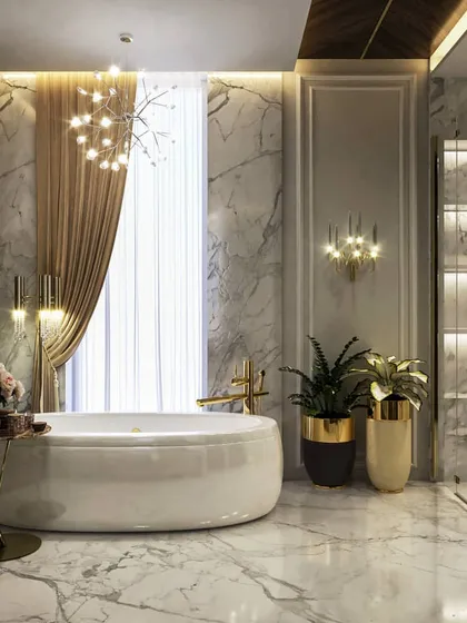 A full tour of a luxurious master bathroom, featuring a freestanding tub, a walk-in shower with a green wall, and a vanity area. The renders highlight the tropical-themed wallpaper and the elegant mix of marble, wood, and gold.