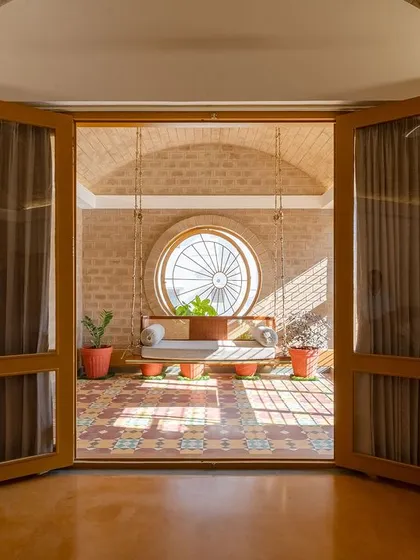 The symmetry and warmth of the entrance to the lounge.