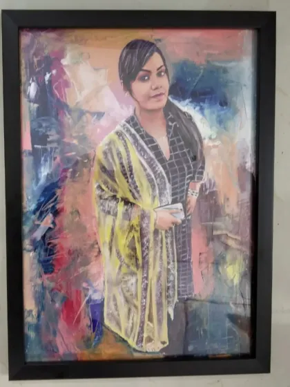 A framed oil portrait with an abstract, textured background. This technique adds depth and makes the subject stand out.