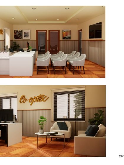Renderings of the MD's room for the Co-optex office. The design incorporates wainscoting with pleated fabric panels and a warm, professional color palette to create a space that is both authoritative and representative of the brand's textile heritage.
