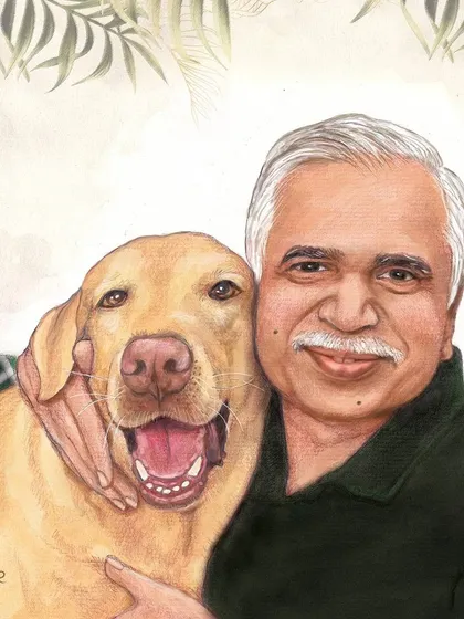 We create timeless portraits that capture the special bond between people and their pets. This detailed handmade portrait of a man and his dog is a heartwarming piece of memory.