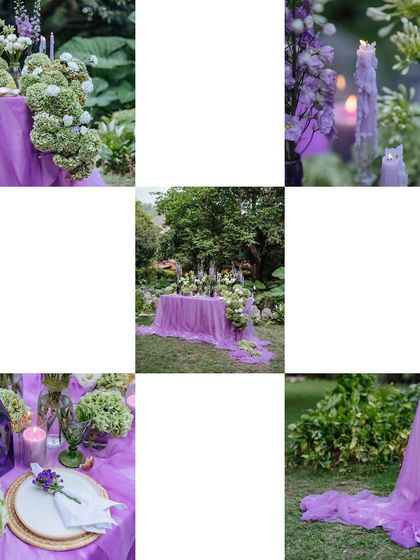 A collage of the purple-themed table decor, showcasing different angles and close-up details.