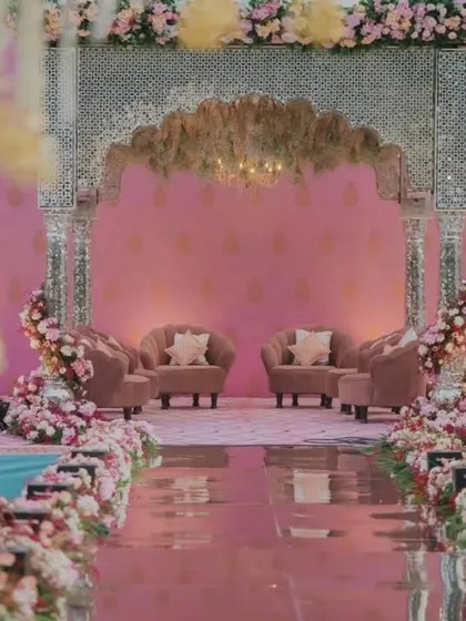 The mandap is the heart of the wedding, and we design it to be as unique as your love. This stunning mirror mandap, complete with cascading water features, created a shimmering, sacred space for the couple to exchange their vows.