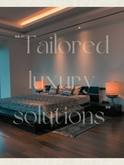 Tailored luxury solutions. This graphic overlay highlights the bespoke nature of our bedroom designs, where every element is chosen to create a cohesive and luxurious experience.