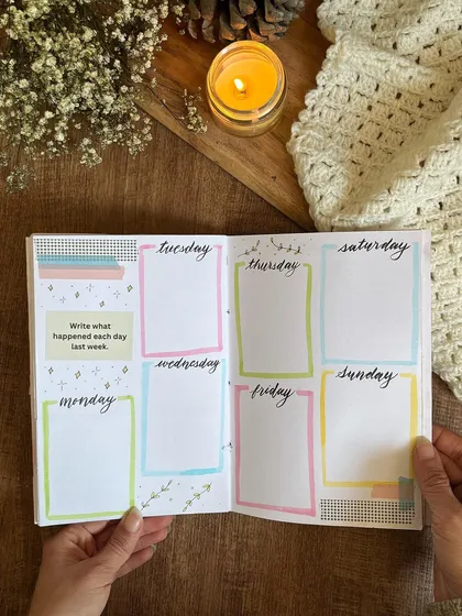 A weekly reflection page from the custom journals, providing a simple structure for daily documentation.