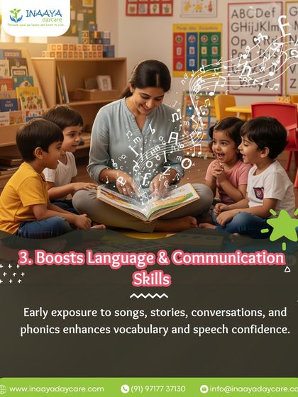 This infographic shows how early exposure to songs, stories, and conversations boosts language and communication skills.