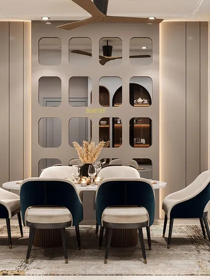 This contemporary dining area design for Apex D'Rio features a stunning tinted mirror panel with a PU finish. A mandir with glass shutters is seamlessly integrated into the design, blending spirituality with modern aesthetics.