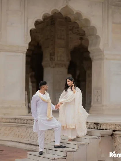The timeless beauty of heritage sites offers a story of its own. In this pre-wedding shoot at a Delhi fort, I used the classic arches and stone steps to frame the couple, creating an image of elegance and enduring love.