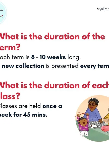 Each term runs for 8 to 10 weeks, and we introduce a brand new collection of songs each time. Classes are held once a week for 45 minutes of non-stop musical fun.