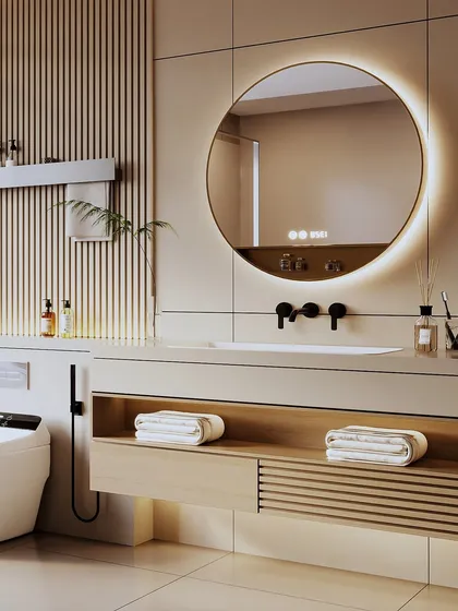 A bathroom render focused on warm, natural materials. The wood vanity and fluted wall panels are complemented by a large, backlit circular mirror, creating a soft and inviting atmosphere.