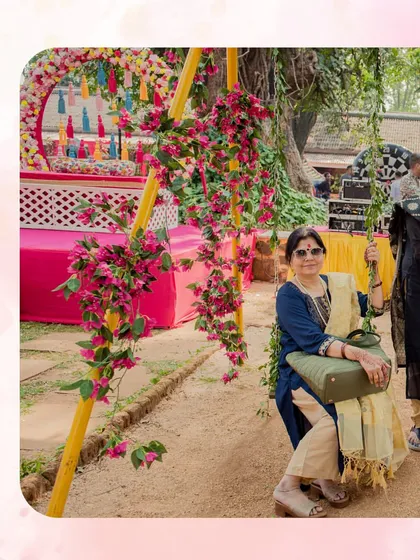 A beautifully decorated swing for guests to relax and take photos on. We focus on creating multiple engaging and picturesque spots throughout the venue.