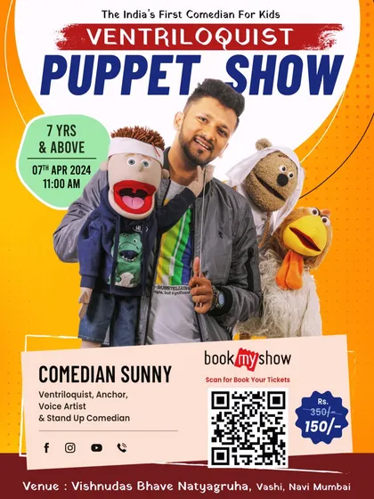 A poster from one of my live ventriloquist puppet shows in Navi Mumbai. I perform regularly at various venues, offering family-friendly entertainment suitable for kids and adults alike.