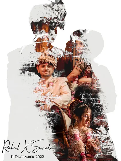 A creative double-exposure style wedding collage, blending portraits of the bride and groom into a single artistic image.