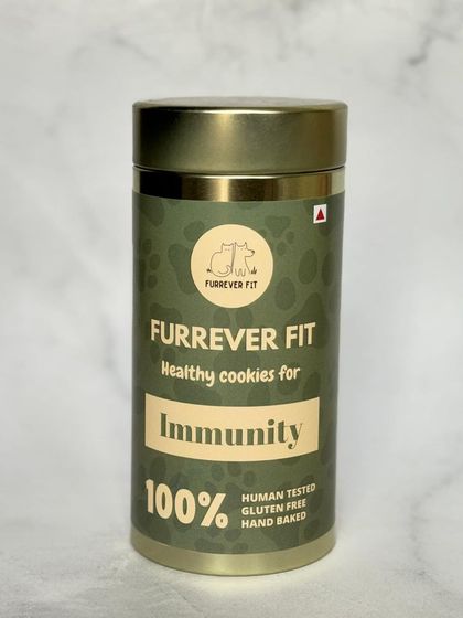 A shot of the Immunity cookies packaging. These treats are perfect for helping your dog stay resilient and healthy year-round, made without any preservatives or fillers.