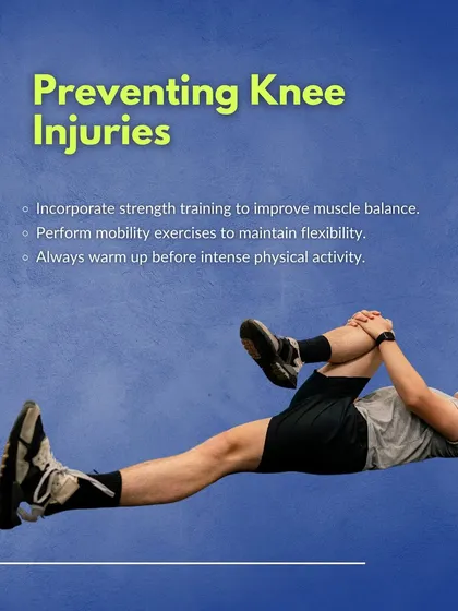 A summary graphic on preventing knee injuries, emphasizing the importance of incorporating strength training, mobility exercises, and proper warm-ups into any fitness routine.