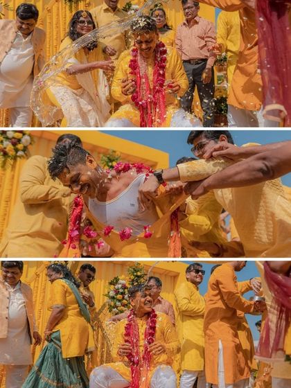 The groom's friends don't hold back during this energetic Haldi ceremony. This series of shots captures the playful chaos, from getting drenched with water to being covered in turmeric.