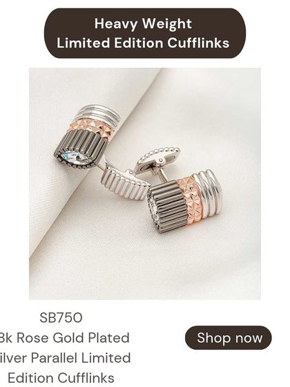 These unique limited edition cufflinks feature a parallel design with a mix of silver, rose gold, and dark rhodium plating. They are a modern and architectural accessory.