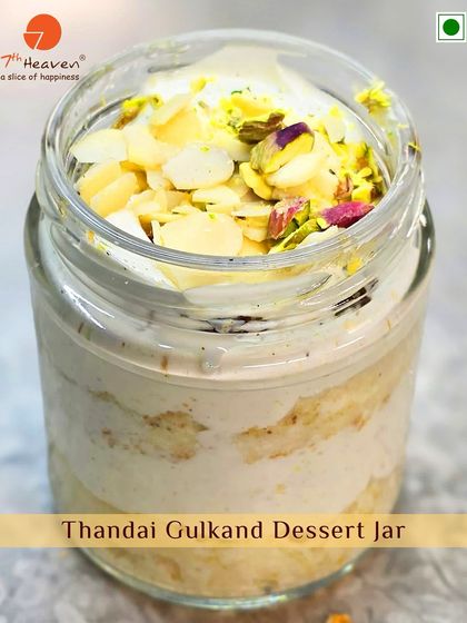 Our Thandai Gulkand Dessert Jar is a Holi special. It features layers of thandai-flavored cream and cake with the sweet, floral notes of gulkand (rose petal jam).